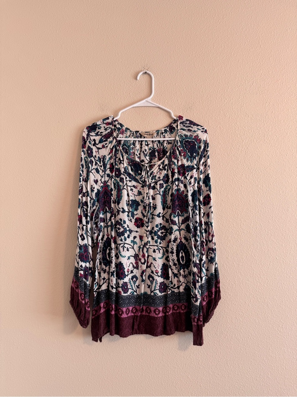 Lucky Brand Cream Tunic with Burgundy and Teal Floral Print
